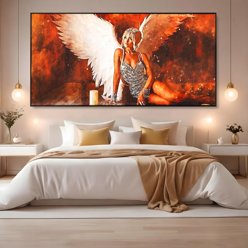 Tablou canvas cu tablou canvas cu inger si aripi, in rama de aluminiu negru, pe perete intr-un dormitor